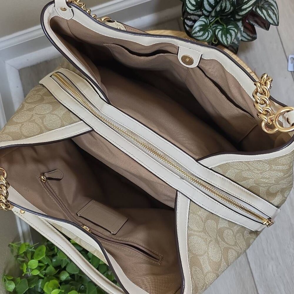 Coach Kristy Signature Hobo Shoulder Bag | Light Khaki Coated Canvas & Chalk Lea - Picture 12 of 14